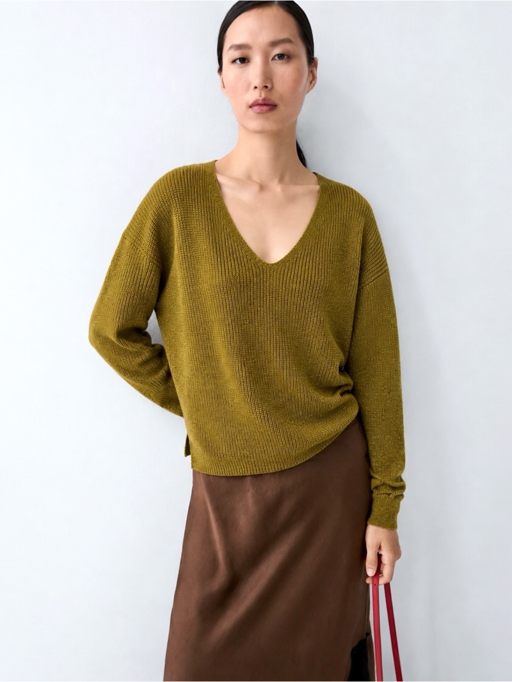 Massimo Dutti Metallic Mustard Gold Knit V-Neck Sweater - Size XS
